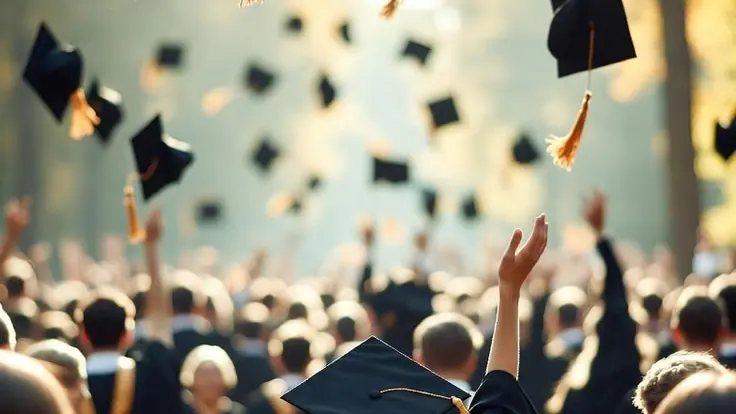 Graduates throwing their caps in the air in front of a crowd